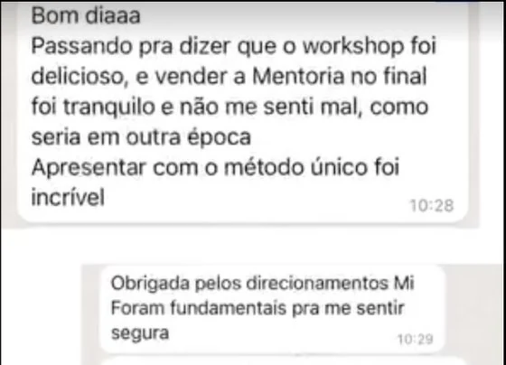 Print de mensagem de aluna: vendeu a mentoria no fim do workshop com segurança, apresentando com o método