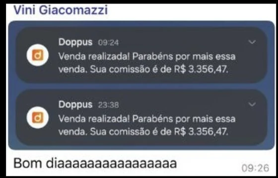 Print de mensagem do Vini Giacomazzi: duas notificações de venda realizada, cada uma com R$ 3.356,47 de comissão