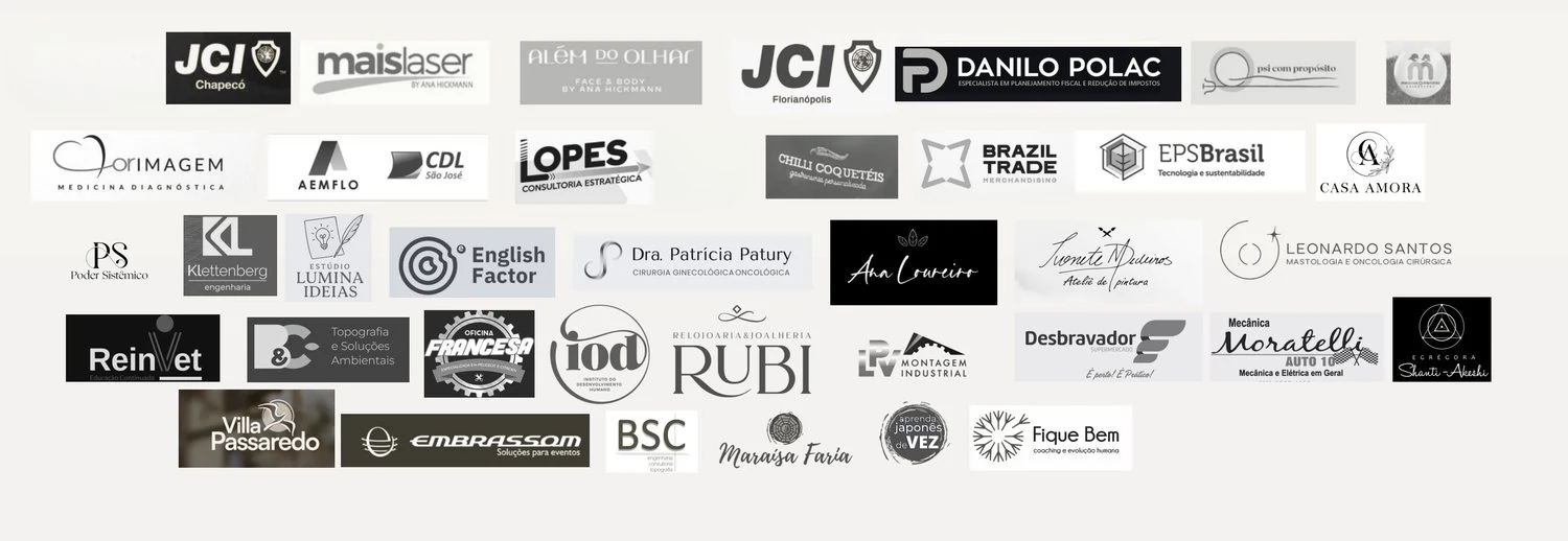 Logos de empresas que já confiaram na Plataforma Exponencial, entre elas JCI Chapecó, JCI Florianópolis, Mais Laser, Danilo Polac, Psi com Propósito, Orimagem, AEMFLO e CDL São José, Lopes Consultoria Estratégica, Brazil Trade, EPS Brasil, Casa Amora, Klettenberg Engenharia, English Factor, Reinvet, IOD, Relojoaria e Joalheria Rubi, Desbravador Supermercado, Mecânica Moratelli, Villa Passaredo, Embrassom e Fique Bem